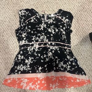 Maternity Black Floral Cap-Sleeve Peplum Top with Coral Trm